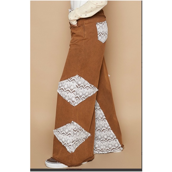 POL Rust Brown Crochet lace Denim Jean Wide Leg Pants - Picture 4 of 4